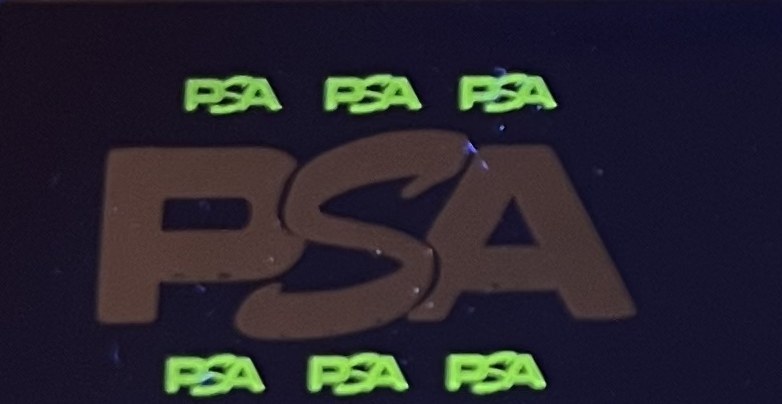 Back UV zoom — small green PSA logos scattered around the silver PSA outline